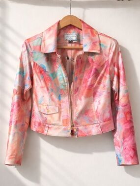NWOT Lena Gabrielle Pastel Pink Watercolor Vegan Leather Jacket